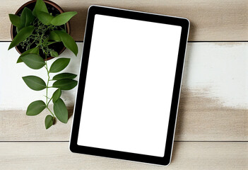 Blank screen tablet on wooden table background mockup. Digital mockup template of tablet screen device for display or presentation.