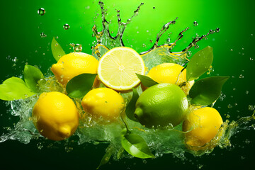 Fresh Lemons falling with water splash on isolated green background