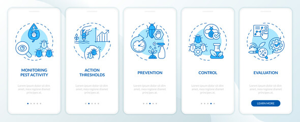 2D icons representing integrated pest management mobile app screen set. Walkthrough 5 steps blue graphic instructions with thin line icons concept, UI, UX, GUI template.