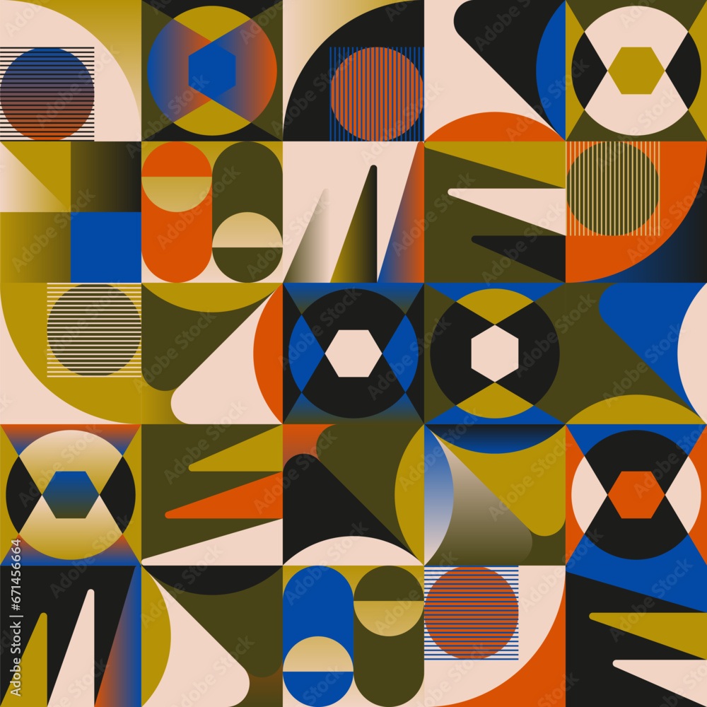 Poster mid-century inspired graphic pattern art made with abstract vector geometric shapes and elements