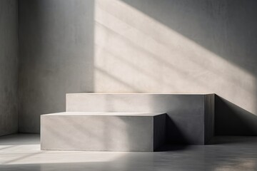 Square geometric concrete podium with sunlight and shadow on grey cement corner wall background, Generative AI