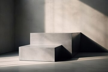 Square geometric concrete podium with sunlight and shadow on grey cement corner wall background, Generative AI