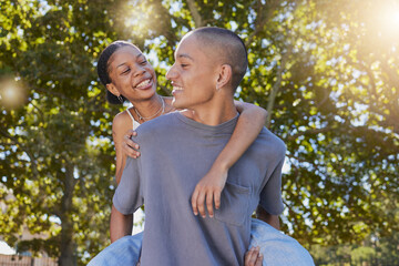 Love, tree leaf and couple hug while bonding, having fun and enjoy romantic quality time together...