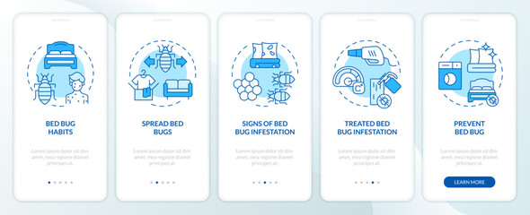 2D icons representing integrated pest management mobile app screen set. Walkthrough 5 steps blue graphic instructions with line icons concept, UI, UX, GUI template. - obrazy, fototapety, plakaty
