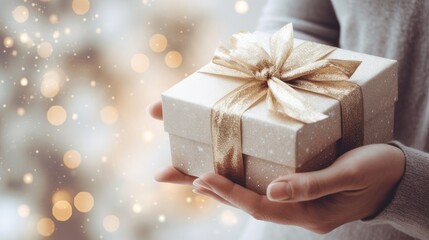 Christmas gift in a light box in gentle female hands, in a white sweater on a light, New Year's background with bokeh and copy space - obrazy, fototapety, plakaty