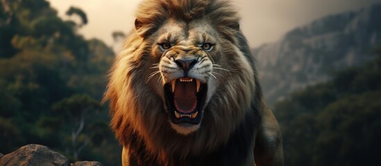 The male lion roared. the lion roars on the rock. Lions roar in the cliff. Lion roars on the rock. Wild animal lion. - obrazy, fototapety, plakaty