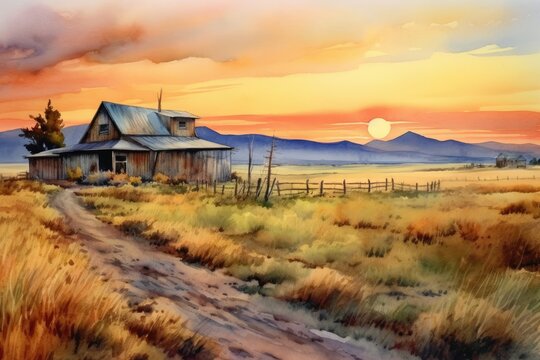 Rural Sunrise peaceful watercolor landscape