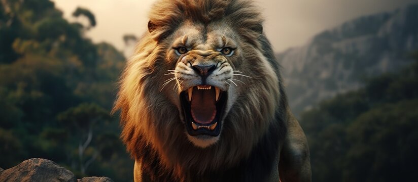 The male lion roared. the lion roars on the rock. Lions roar in the cliff. Lion roars on the rock. Wild animal lion.