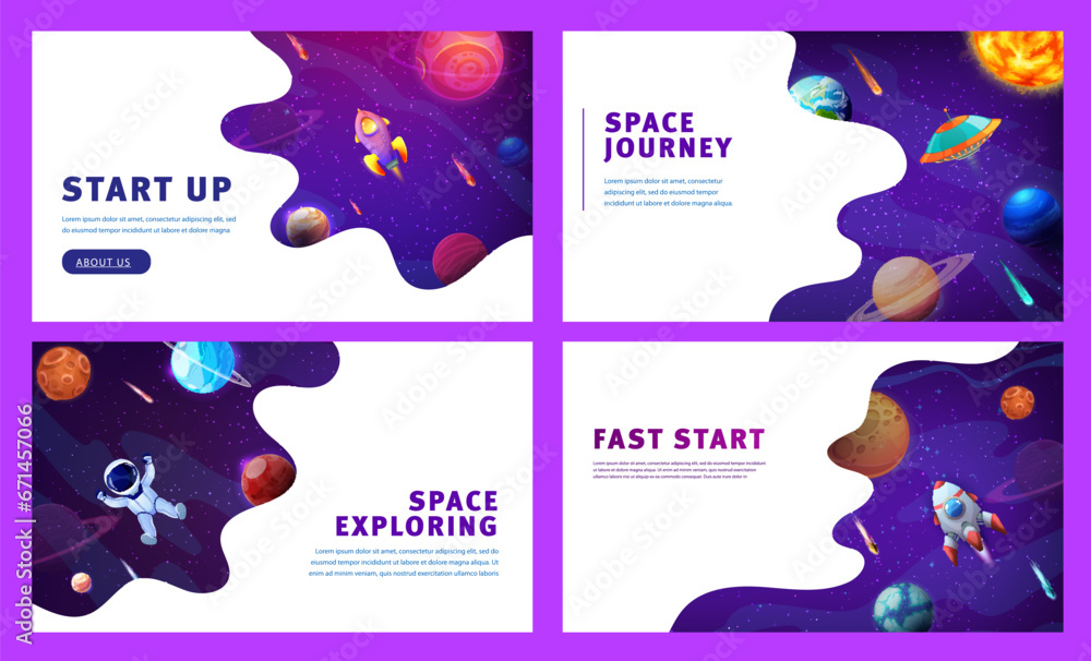 Poster Landing page space. Cartoon galaxy space planets landscape vector background for business startup website. Rocket launching to fantasy universe, astronaut, spaceship, UFO on starry sky web pages set