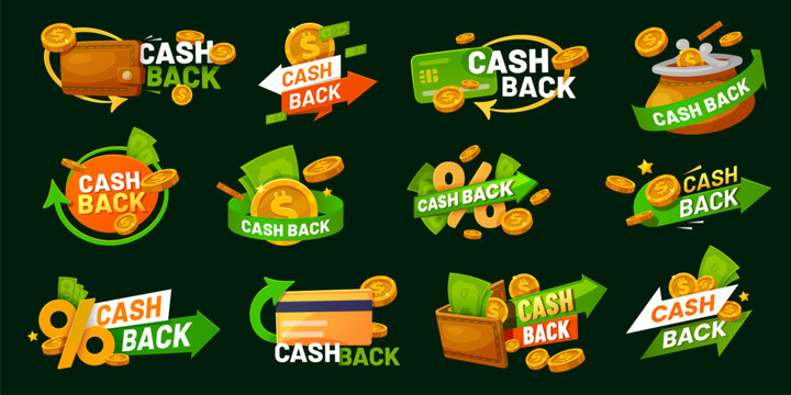 Cash back coin bonus, refund or rebate money icons, vector symbols. Credit card cashback offer, buy reward promotion ad banners, online store cash back bonus refunds or rebates icon with golden coins