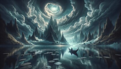 Mystical Landscape with Swirling Clouds Over Reflective Waters and Towering Peaks