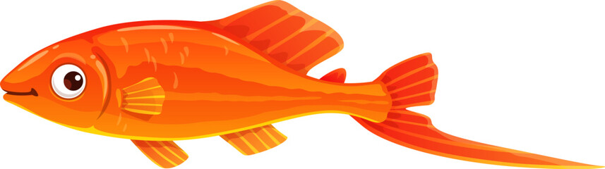 Cartoon swordtail aquarium fish funny character. Tropical river or freshwater aquarium animal comical vector personage or cheerful mascot, isolated funny orange swordtail fish