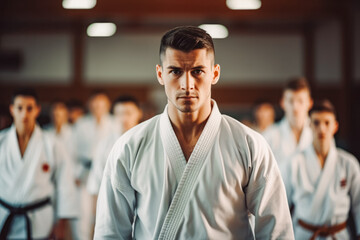 Portrait of handsome young man in his karate kimono training in a gymnasium, asian martial art training indoor, karate group class
