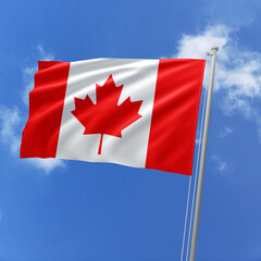 Canada flag fluttering in the wind on sky.