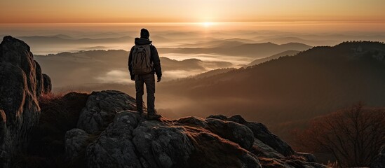 A mountaineer, standing alone on a rock at the top of a mountain enjoying the sunrise - obrazy, fototapety, plakaty