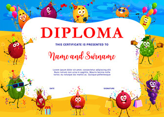 Kids diploma, cartoon tropical fruits on holiday beach party, vector education certificate. Funny fig, grape and feijoa with mango and pitaya at party celebration on sea beach for kindergarten diploma