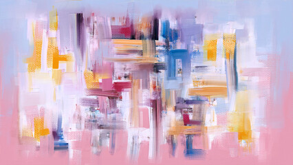 Vibrant abstract painting on canvas, with accents of blue and pink paint, hand-drawn artwork in a modern style for cover