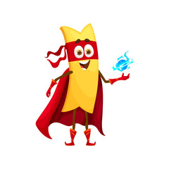 Cartoon lasagna pasta superhero character. Isolated vector defender with noodle-shaped body, red cape and mask, ready to save the day and defeat any hunger inducing villains with power ball