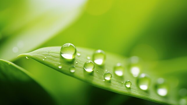 A close up of water droplets on a green leaf, AI