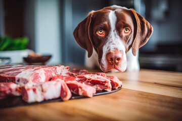 Portrait of cute brown and white dog eating and enjoying healthy raw meat with bones, raw food diet for dogs - obrazy, fototapety, plakaty