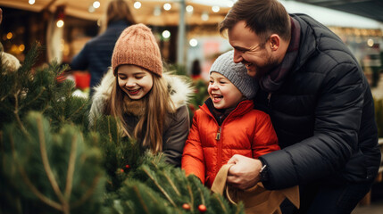 Fototapeta premium A happy family with a child with Down syndrome and parents choose a New Year's tree at the Christmas tree market. Merry Christmas and Merry New Year concept.