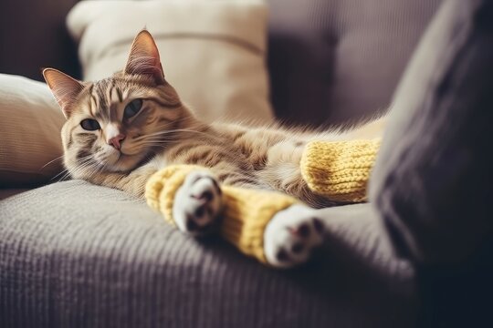 Cat relax at room sofa. Animal cute portrait feline breed. Generate AI