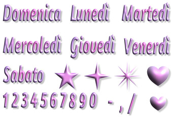 lunedì, martedì, mercoledì, giovedì, venerdì, sabato, domenica, numeri - writen to italian - Icons with calendar days Week.. Vector set. Point sticker to decorate diary, scheduler, calendar, planner.