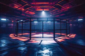 Empty mixed martial art fighting cage made with AI generative technology with dark background,...
