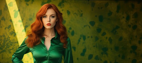 Red Hair Woman in the 70s Fashion Style standing against a Green Background with Empty Copy Space for Text - Wallpaper Ginger Hair Girl 70s - 70s Woman Backdrop created with Generative AI Technology