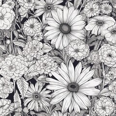 Seamless pattern with flowers. Black and white