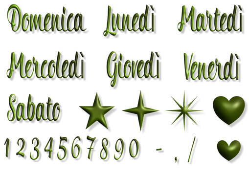 luned&igrave;, marted&igrave;, mercoled&igrave;, gioved&igrave;, venerd&igrave;, sabato, domenica, numeri - writen to italian - Icons with calendar days Week.. Vector set. Point sticker to decorate diary, scheduler, calendar, planner.