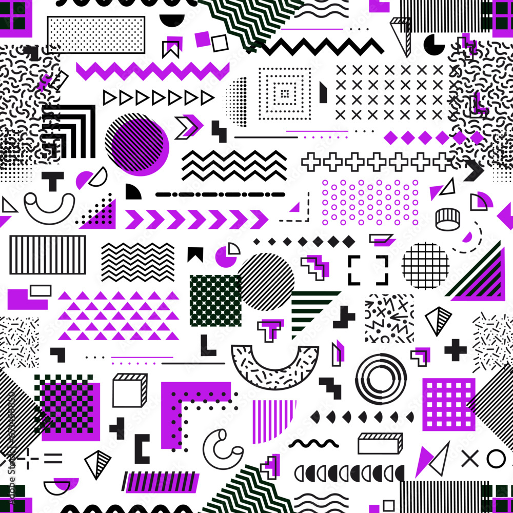 Poster memphis geometric minimal shapes seamless pattern. abstract background with line doodles, memphis co