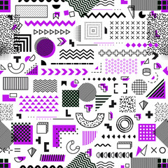 Memphis geometric minimal shapes seamless pattern. Abstract background with line doodles, Memphis color elements textile or fabric vector seamless print. Wrapping paper minimalistic geometric pattern