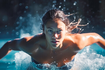 Front view of a powerful elite athletic female swimmer competing in a match, looking focused, successful woman in water sport discipline - obrazy, fototapety, plakaty