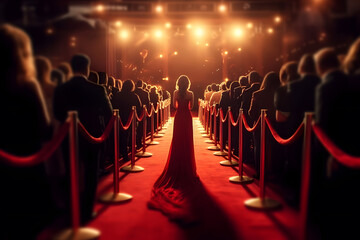 Red carpet rolling out in front of glamorous movie premiere with paparazzi in the background