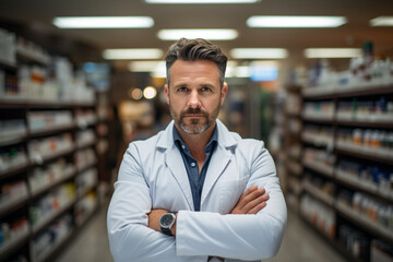 Fototapeta premium Photo of a serious doctor, pharmacist, agent, conference, arms crossed, expert, wearing a white lab coat, against the background of shelves with medicines. World health concept.