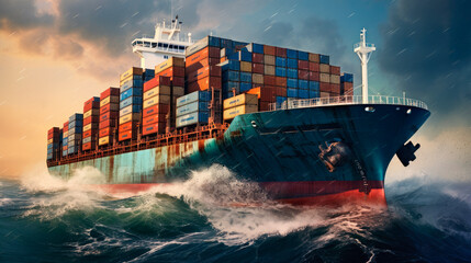 Cargo container ship, cargo vessel ship carrying container and running for import or export - obrazy, fototapety, plakaty