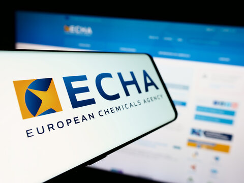 Stuttgart, Germany - 10-20-2023: Smartphone with logo of EU institution European Chemicals Agency (ECHA) in front of website. Focus on center-left of phone display.