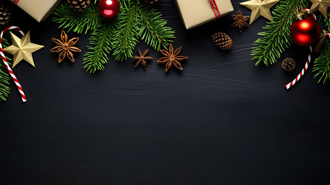 Christmas or New Year dark wooden background, Xmas black board framed with season decorations, space for a text, view from above