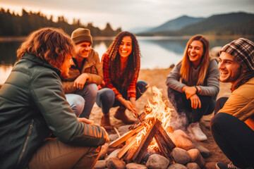 Joyous group of millennial friends laughing and bonding around camp fire in forest with beautiful nature surrounding them