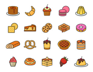 Dessert and bakery color line icons. Cake, pancakes, waffles, croissant and jelly pudding, donut, cracker cookies, macaron and pretzel sweet pastry, confectionery and bake outline pictograms set