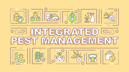 Integrated pest management text with various thin line icons concept on yellow monochromatic background, editable 2D vector illustration.