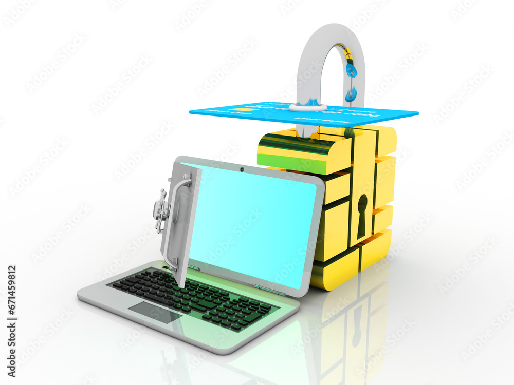 Poster 3d rendering laptop in locker with debit card protected lock