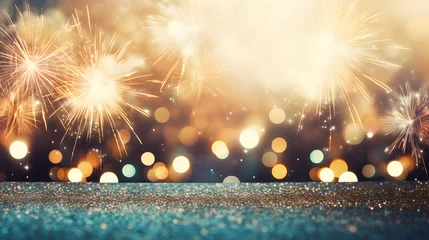 Fotobehang Vintage gold and green Fireworks and bokeh in New Year eve and copy space. Abstract background holiday © Planetz