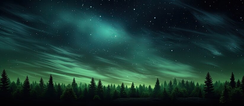 Manipulated photo of a serene nature background featuring a stunning night sky adorned with countless stars The landscape displays a green hued sky highlighting a supermoon positioned above