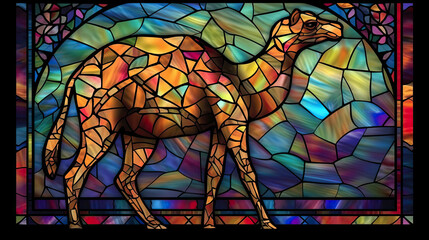 A stained glass window with a camel in the middle.