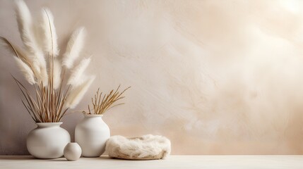 Boho style background with neutral pastel color style and natural floral elements. Aesthetic minimalism design for social media content. Simple beige chic elements. Calming and serene atmosphere