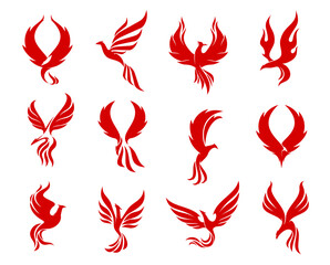 Red phoenix bird icons, firebird flying on fire flame wings, vector corporate emblems. Phoenix or creative falcon, hawk and eagle bird silhouette symbols for fashion brand or luxury boutique label - obrazy, fototapety, plakaty