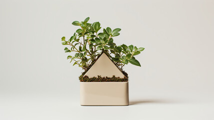 House-shaped pot containing a green plant.