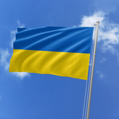 Ukraine flag fluttering in the wind on sky.